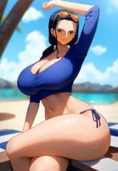 1girls ai_due ai_generated bare_legs bare_thighs big_breasts bikini_bottom black_hair blue_eyes blush clothed clothing color female female_focus female_only hi_res large_breasts light-skinned_female light_skin long_hair looking_at_viewer nico_robin one_piece shirt shounen_jump solo solo_female sunglasses sunglasses_on_head tagme thick_thighs underboob water