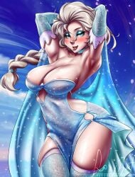 1girls bare_shoulders bare_thighs big_breasts blonde_hair blue_eyes blush clothed clothing color disney elsa_(frozen) female female_focus female_only foxyart frozen_(film) hi_res large_breasts light-skinned_female light_skin lipstick long_hair looking_at_viewer makeup no_bra solo solo_female stockings tagme thick_thighs