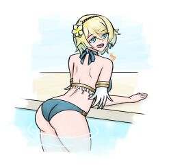 1girls alternate_costume ass back bare_arms bare_back bare_shoulders bare_thighs big_ass bikini biotroy blonde_hair blue_bikini blue_eyes blue_swimsuit breasts female female_only fire_emblem fire_emblem_heroes fjorm_(fire_emblem) fjorm_(summer)_(fire_emblem) looking_back medium_breasts nintendo official_alternate_costume open_mouth partially_submerged pool princess royalty short_hair shoulders smile solo swimsuit thick_thighs thighs yellow_hair