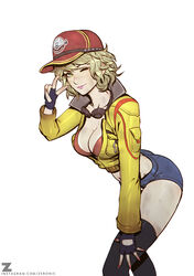 bent_over blonde_hair breasts cindy_aurum cleavage clothed denim_shorts eyelashes female female_only final_fantasy final_fantasy_xv fingerless_gloves gesture goggles goggles_around_neck green_eyes hat highres human jacket large_breasts posing short_hair short_shorts shorts smile solo tagme thighhighs v white_background wink zeronis