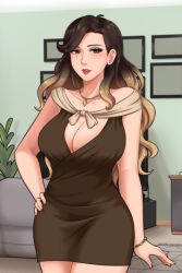 aunt big_ass black_shorts blue_shirt booty_shorts brown_hair cleaning hairbun house_chores_(game) huge_ass huge_breasts julie_(house_chores) living_room loose_clothes mommy thick_thighs thighs tight_clothing tight_dress white_body