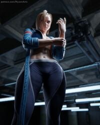 1girls 3d blonde_hair cammy_white female female_only half-dressed jacket_open long_hair nyxenartz pigtails self_upload street_fighter street_fighter_6 sweat sweating sweaty topless