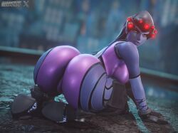 1girls 3d 3d_(artwork) annoyed ass ass_focus back_view big_ass blender blender_(software) blizzard_entertainment blue_body blurry_background bodysuit female female_focus female_only hasfeldt hi_res highres latex orange_eyes overwatch overwatch_2 pussy sideboob thick_thighs thighs watermark widowmaker