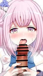 1boy bar_censor blue_archive censored fellatio female highres long_hair looking_at_viewer male_pubic_hair mika_(blue_archive) open_mouth oral penis pink_hair pov pubic_hair sakamatashachi saliva simple_background tongue tongue_out white_background yellow_eyes