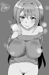 anjou_tokoha black_and_white bottomless breasts cardfight!!_vanguard cardfight!!_vanguard_g censored censored_pussy colorless crotch from_above grey_background heart_censor large_breasts looking_at_viewer looking_up manga_style oda_koziki thighs top_only