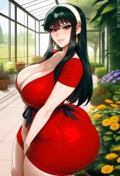 yor_briar yor_forger spy_x_family light-skinned_female light_skin 1girls 1girl solo solo_female female_only curvy curvy_figure curvaceous curvy_female curvy_body curvaceous_figure curvaceous_female voluptuous voluptuous_female long_hair black_hair red_eyes hi_res highres ai_generated ai-created stable_diffusion dreamcoreart teasing teasing_viewer huge_breasts huge_ass large_breasts venus_body slender_waist busty day red_blouse garden