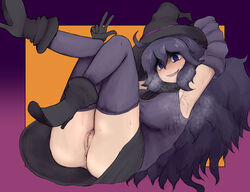 @_@ adapted_costume ahoge al_bhed_eyes anus arm_behind_head arm_up arm_warmers armpits ass black_footwear black_gloves black_hat black_skirt blush boots breasts censored female gloves hand_up hat heart_censor hex_maniac high_heels highres human iegami jpeg_artifacts large_breasts long_hair looking_at_viewer no_panties npc_trainer open_mouth orange_background pokemon pokemon_xy purple_background purple_eyes purple_hair purple_legwear pussy shirt simple_background skirt sleeveless sleeveless_shirt smile solo steam sweat thighhighs turtleneck upskirt w witch_hat