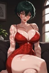 1girls abs ai_generated big_breasts blush clothed clothing color dress female female_focus female_only fit_female floppydisc glasses green_hair hi_res jujutsu_kaisen large_breasts light-skinned_female light_skin lipstick looking_at_viewer mommy muscles muscular muscular_arms muscular_female muscular_legs muscular_thighs red_lipstick short_hair solo solo_female tagme thiccwithaq_(ai_style) thick_thighs yellow_eyes zenin_maki