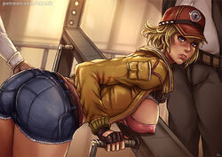 ass belt bent_over big_ass blush breasts cindy_aurum clothed dat_ass denim_shorts female final_fantasy final_fantasy_xv hat jacket kachima large_breasts looking_at_viewer nipple_bulge short_shorts sideboob tagme