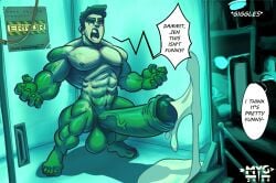 1boy balls bara big_balls big_penis cum english_text erection genital_fluids green-skinned_male green_body green_skin huge_balls huge_cock hulk hulk_(series) hyper_penis male male_nipples male_only marvel muscular_male mygetawayart nipples nude orgasm penis restrained text