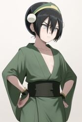 1girls ai_generated alternate_costume avatar_legends avatar_the_last_airbender black_hair blind blush cleavage earth_kingdom female flat_chest flat_chested green_kimono hands_on_hips kimono obi plunging_neckline small_breasts toph_bei_fong