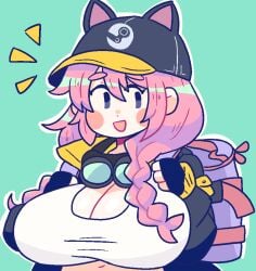 1girls alternate_version_available backpack big_breasts blush braid breasts cap cat_ears cleavage clothed_female doodle goggles green_background hat jacket light-skinned_female notnoe_(dxcl) pink_cheeks pink_hair request solo solo_female steam_(software) steam_delivery_girl steam_logo