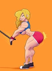 abs ass ber00 biting_lip blonde_hair blue_eyes breasts calves female female_only gym gym_outfit hair_over_one_eye helga_pataki hey_arnold! large_breasts muscles muscular muscular_female nickelodeon shorts solo sweat thick_thighs thighs