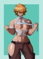 1boy abs ambush_(trap) angry axred7 blonde_hair blonde_hair bone bone_in_mouth bulge bulge_under_clothes chest_wraps earrings femboy glowing_eyes gold_earrings gold_jewelry green_eyes hair_over_one_eye messy_hair nipples scar scars torn_clothes