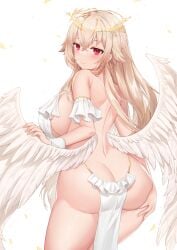 absurd_res angel angel_wings ass back blonde_hair blush breasts deogho_(liujinzy9854) feathered_wings female_only from_behind halo highres large_breasts loincloth long_hair looking_at_viewer original red_eyes revealing_clothes sideboob smile solo wings