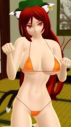 2025 3d arms_up big_breasts bikini breasts cat_ears cat_humanoid cat_pose cat_tail chen clavicle cleavage female green_hat hat hati_yukkuri_mmd headwear interior_background kemonomimi kneeling light-skinned_female long-haired_female mmd open_mouth orange_bikini red-eyed_female swimsuit touhou youkai
