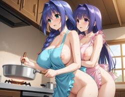 2girls ai_generated apron apron_only implied_incest implied_yuri kanon minase_akiko minase_nayuki mother_and_daughter naked_apron purple_eyes purple_hair