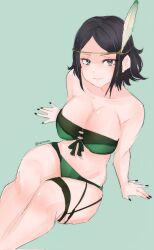 alternate_costume bare_arms bare_legs bare_midriff bare_shoulders bikini black_eyes black_hair black_nails breasts circlet cleavage collarbone feathers female fire_emblem fire_emblem_awakening fire_emblem_heroes from_above green_background green_bikini green_swimsuit hair_ornament highres large_breasts legs looking_at_viewer looking_up midriff nail_polish navel noire_(fire_emblem) noire_(summer)_(fire_emblem) official_alternate_costume serafineart1001 short_hair shoulders sitting smile solo swimsuit