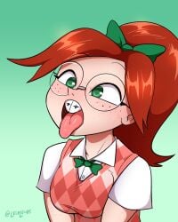 ahe_gao braces buckteeth cum_on_face cumshot freckles ginger_hair glasses green_eyes imminent_cumshot imminent_facial lech_lewds natalie_collins open_mouth red_hair school_uniform small_breasts solo