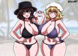 2girls ass beach big_ass big_breasts bikini black_hair blonde_hair breasts heart_symbol huge_breasts light-skinned_female maribel_hearn renko_usami seireiart source_request touhou yuri