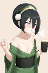 1girls ai_generated alternate_costume avatar_legends avatar_the_last_airbender bare_shoulders black_hair blind blush cleavage drink earth_kingdom female flat_chest flat_chested green_kimono kimono obi plunging_neckline small_breasts smiling smirk toph_bei_fong