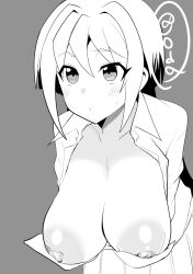 1girls anjou_tokoha bent_over black_and_white breasts breasts_out cardfight!!_vanguard cardfight!!_vanguard_g colorless large_areolae looking_up oda_koziki solo solo_female