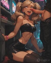 ai_generated aisinful ann_takamaki arcade arcade_machine big_penis blonde_hair blue_eyes daddy daddy_kink drooling hairclip highres imminent_oral kneeling large_penis leather leather_clothing looking_up medium_breasts navel open_mouth penis_on_face persona persona_4 persona_5 petite saliva skirt slim slim_waist strapless_top thighhighs tongue twintails