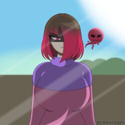 akumu_(glitchtale) bete_noire betty_noire big_breasts breasts bright brown_hair glitchtale mad_face pink_sweater purple_sweater red_eyes red_hair short_hair sky slime sun undertale_(series)