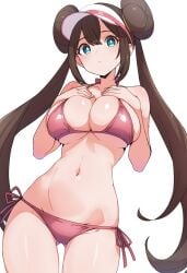 1female 1girls 2d 2d_(artwork) 2d_artwork bikini bikini_bottom bikini_top blue_eyes bra breast_squeeze breasts brown_eyebrows brown_hair double_bun female female_focus female_only game_freak hat hips kamidan large_breasts long_hair looking_at_viewer looking_down navel nintendo pokemon pokemon_bw2 rosa_(pokemon) shiny shiny_breasts shiny_skin simple_background solo thighs very_long_hair visor_cap white_background wide_hips