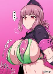 ... =3 after_paizuri bangs bikini blush braid breasts cum cum_bridge cum_on_body cum_on_breasts cum_on_upper_body fate/grand_order fate_(series) female florence_nightingale_(fate) florence_nightingale_(trick_or_treatment)_(fate) gloves green_gloves hat highres isemagu large_breasts long_hair navel paizuri pink_hair red_eyes revealing_clothes solo spoken_ellipsis stomach swimsuit trick_or_treatment twitter_username upper_body