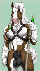 2017 5_fingers abs animal_genitalia animal_penis anthro armband balls beard big_balls big_penis black_balls black_penis blue_background braided_hair brown_skin equine equine_penis eyebrows facial_hair flaccid fully_sheathed gloves_(marking) green_eyes hair harness holding_object horse horsecock long_hair male male_only mammal markings mostly_nude multicolored_skin muscular muscular_male muzzle_(disambiguation) penis portrait sheath simple_background smile solo standing straps teeth truegrave9 two_tone_skin walking_stick white_hair white_skin