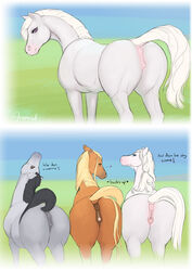 2017 anatomically_correct anatomically_correct_pussy animal_genitalia animal_pussy anus arareroll ass clitoris english_text equine equine_pussy female feral group hi_res horse mammal pussy rear_view text