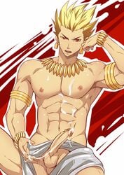 1boy armpits arms_up blonde_hair blush bracelet cum earrings fate_(series) gilgamesh gilgamesh_(fate) jewelry loincloth male male_only mazjojo muscle muscular necklace nipples pecs penis red_eyes spiked_hair testicles