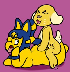 2017 animal_crossing ankha anthro benjamin_(animal_crossing) blue_hair blush canine egyptian feline female fur hair male mammal mr.under nintendo nude open_mouth sex simple_background smile straight tongue video_games yellow_fur