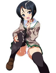 :d alternate_costume bangs black_eyes black_hair black_legwear black_neckwear brown_footwear brown_sweater bukkake cameltoe chouno_ami crotch_seam cum female finger_to_mouth full_body girls_und_panzer green_skirt heart highres leg_hug loafers long_sleeves looking_at_viewer miniskirt neckerchief ooarai_school_uniform open_mouth ouhashi panties pleated_skirt school_uniform serafuku shoes short_hair sitting skirt smile solo swept_bangs thighhighs underwear white_panties winter_uniform