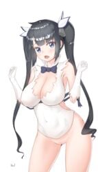 10s black_hair blue_eyes blush bottomless bowtie breasts cleavage cleavage_cutout covered_navel dungeon_ni_deai_wo_motomeru_no_wa_machigatteiru_darou_ka embarrassed female gloves hair_bell hair_ornament hair_ribbon harry_(dudwofla) hestia_(danmachi) impossible_clothes impossible_shirt large_breasts long_hair looking_at_viewer pussy rei_no_himo ribbed_shirt ribbon shirt simple_background sleeveless sleeveless_shirt solo standing surprised_arms twintails uncensored white_background white_gloves white_shirt