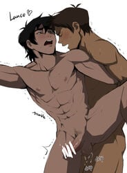 2boys anal bara black_hair brown_hair censored closed_eyes cum erection gay keith_kogane lance_mcclain leg_lift legs_up male male_only nipples nude penetration penis sex sweat tanned testicles voltron voltron:_legendary_defender yaoi