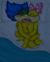 bed bedding blanket blush bow breasts duo embrace eyelashes female hair half-closed_eyes koopa koopaling ludwig_von_koopa male mario_(series) nintendo nipples nude penis pillow precum saliva saliva_string scalie soulteam straight sweat tongue tongue_out video_games wendy_o._koopa xxgabys23xx