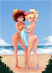 2girls ass beach bikini breasts cleavage female female_only full_body high_heels looking_at_viewer mario_(series) multiple_girls nintendo open_toe_shoes orange_bikini outdoors parapatter pink_bikini ponytail popsicle princess_daisy princess_peach standing swim_ring swimsuit tied_hair