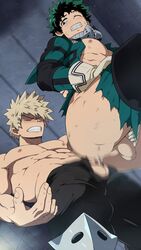 10s 2boys anal blonde_hair blush clenched_teeth closed_eyes erection green_hair insertion izuku_midoriya katsuki_bakugou male mazjojo multiple_boys my_hero_academia nipples penis sex sweat testicles thrusting torn_clothes yaoi