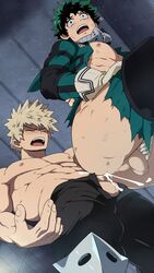 2boys anal blonde_hair blush closed_eyes cum cum_in_ass cum_inside erection gay green_eyes green_hair insertion izuku_midoriya katsuki_bakugou male mazjojo multiple_boys muscle muscles muscular muscular_male my_hero_academia nipples penis sex spiky_hair sweat testicles thrusting torn_clothes yaoi