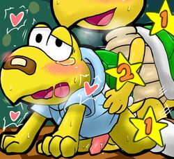 2boys 3_hearts 4_fingers all_fours anal anal_sex anthro anthro_on_anthro bandage beige_scales black_eyes blue_topwear blush bottomless clothed clothing doggy_style drooling duo enigi09 erection from_behind_position gay green_scales heart hoodie koopa_troopa koops male male/male male_only mario_(series) motion_lines nintendo open_mouth paper_mario penetration penis reptile saliva scales scalie sex solo_focus sweat tears turtle vein veiny_penis video_games white_footwear yaoi yellow_scales