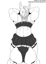 2013 abs anthro balls bandeau biceps big_balls black_and_white canine clothed clothing collar crossdressing deonwolf digital_media_(artwork) eyebrows front_view hair half-closed_eyes hands_behind_head hi_res huge_balls hyper hyper_balls long_hair looking_at_viewer male male_only mammal meade monochrome muscular muscular_male navel navel_piercing panties pecs piercing portrait simple_background skirt smile solo standing three-quarter_portrait underwear white_background wolf