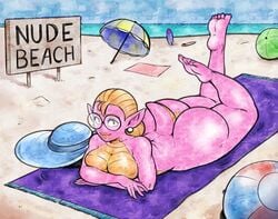 2017 4_fingers absurd_res amphibian animal_humanoid anthro ass ball beach_ball better_version_at_source big_butt blonde_hair breasts clothing convenient_censoring digital_media_(artwork) ear_piercing english_text eyelashes eyewear feet female gem glasses goodbadartist hair hair_bun hat hi_res huge_butt humanoid large_ass lizard_tail looking_at_viewer lying markings multicolored_scales non-mammal_breasts noseless nude nudist nudist_beach on_front pearl_(gem) piercing pink_scales pink_skin pointy_ears round_glasses salamander sally_(scalie_schoolie) scales scalie scalie_schoolie seaside sign smile solo text thick_thighs toes towel traditional_media_(artwork) two_tone_scales umbrella voluptuous watercolor_(artwork) webcomic wide_hips yellow_skin