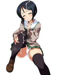 alternate_costume bangs black_eyes black_hair black_legwear black_neckwear brown_footwear brown_sweater bukkake cameltoe chouno_ami closed_eyes closed_mouth crotch_seam cum female finger_to_mouth full_body girls_und_panzer green_skirt highres leg_hug loafers long_sleeves looking_at_viewer miniskirt neckerchief ooarai_school_uniform ouhashi panties pantyshot pantyshot_(sitting) pleated_skirt school_uniform serafuku shoes short_hair simple_background sitting skirt smile solo swept_bangs thighhighs underwear white_background white_panties winter_uniform