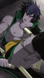 1boy black_eyes black_hair blush chains chinese_clothes closed_eyes clothing erection insertion lee_pai_long male male_only mazjojo nipples nunchaku penis purple_skin shaman_king solo stitches testicles