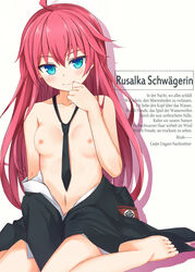 ahoge between_legs black_coat black_neckwear blue_eyes breasts character_name coat dies_irae female fuji_kakei german_text hand_between_legs hand_to_own_mouth knees_together_feet_apart long_hair naked_coat naughty_face navel necktie nipples no_pants off_shoulder red_hair rusalka_schwagerin shirt sitting small_breasts smile solo topless white_shirt