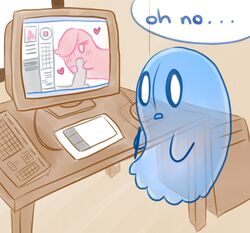 caught computer computer_mouse cord desk drawing duo fellatio female ghost happstablook heart inside keyboard male mammal monitor napstablook oral sex spirit straight stylus tablet text undertale unknown_artist video_games