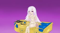 1girls 2017 coffin cute female female_only flat halloween jane kings_raid mummy petite purple_eyes purple_hair small young