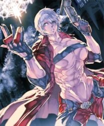 abs belt blue_eyes breasts capcom cleavage coat dante devil_may_cry devil_may_cry_3 female female_only fingerless_gloves gloves gun jin-jin large_breasts muscular_female rule_63 solo uncensored weapon white_hair